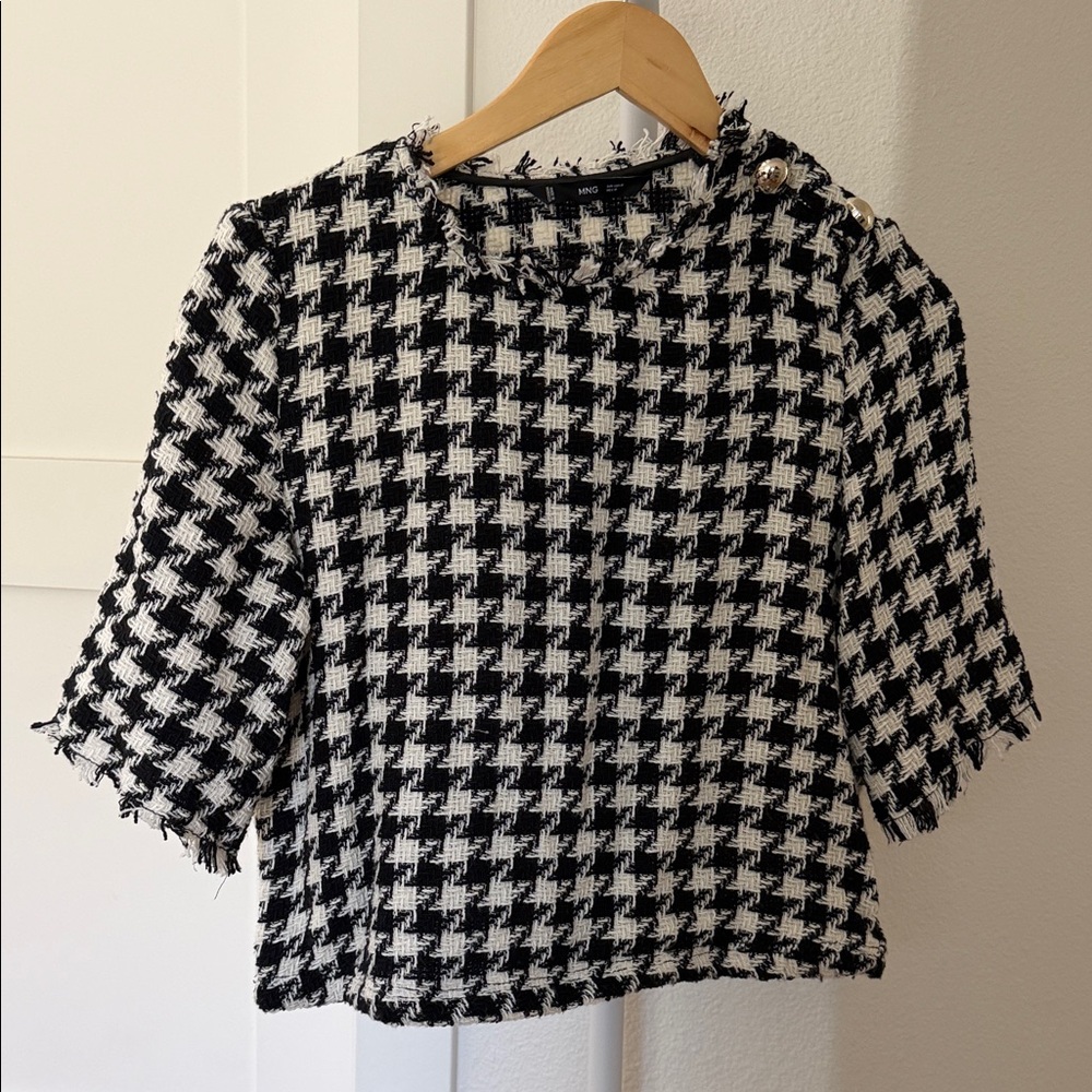 Mango Black & White Houndstooth Tweed Short-Sleeve Top